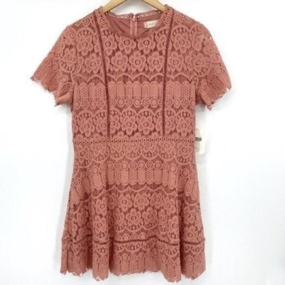 Altar'd State Pink Lace Overlay Marsala Wedding Sheath Large Short Sleeve Dress - Picture 2 of 6